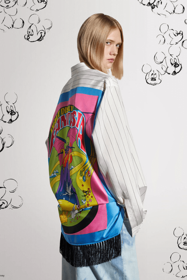 Oversize'owa biała koszula w prążki z ogromnym nadrukiem inspirowanym filmem "Fantazja" Disneya, Stella McCartney