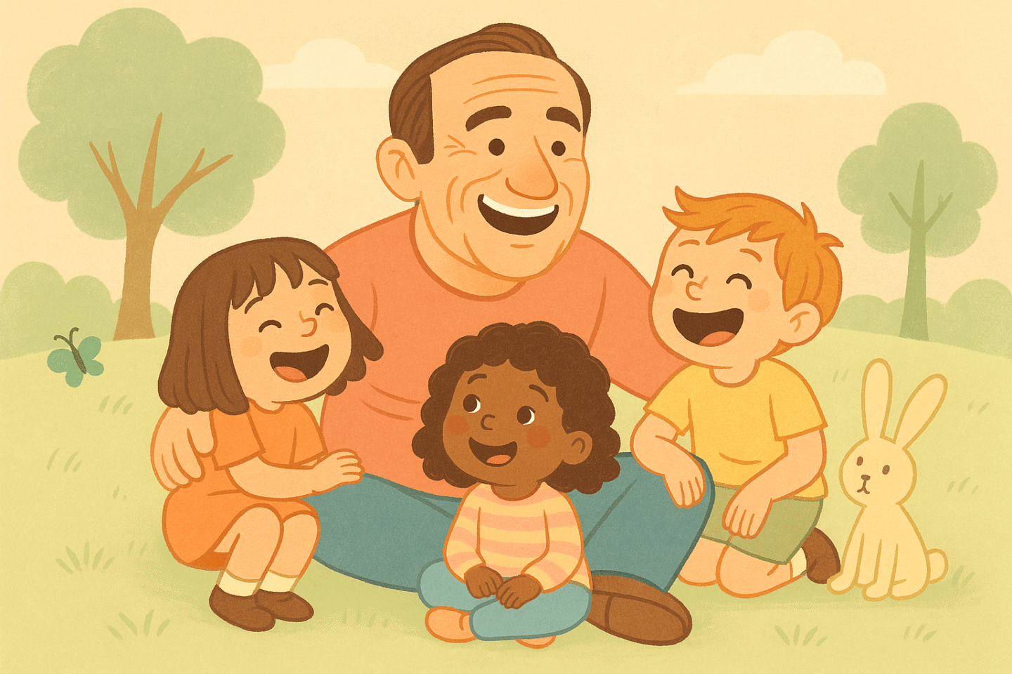 Grafika. mezczyzna wygladajacy jak Robin Williams siedzi z dziecmi w parku i smieja sie cala czworka.