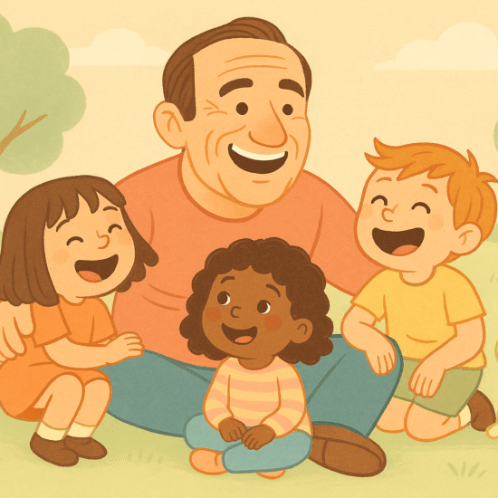 Grafika. mezczyzna wygladajacy jak Robin Williams siedzi z dziecmi w parku i smieja sie cala czworka.