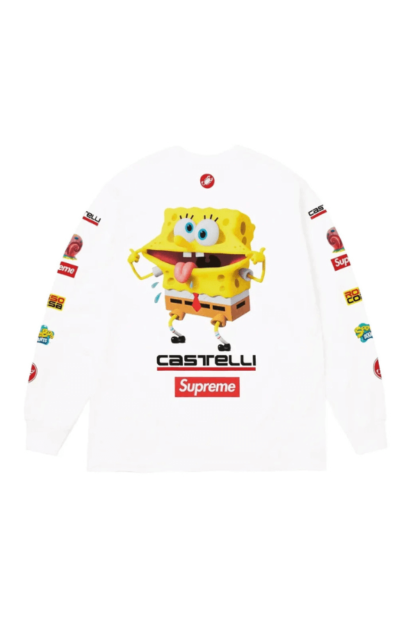 Biały longsleeve Supreme ze SpongeBobem