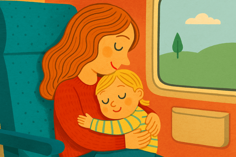 Mama trzymająca na rękach dziecko w pociągu.