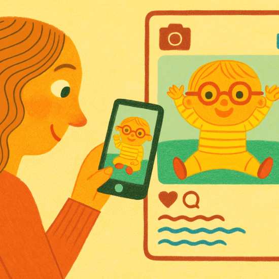 Ilustracja przedstawiająca mamę robiącą zdjęcie swojemu dziecku, czyli sharenting w internecie
