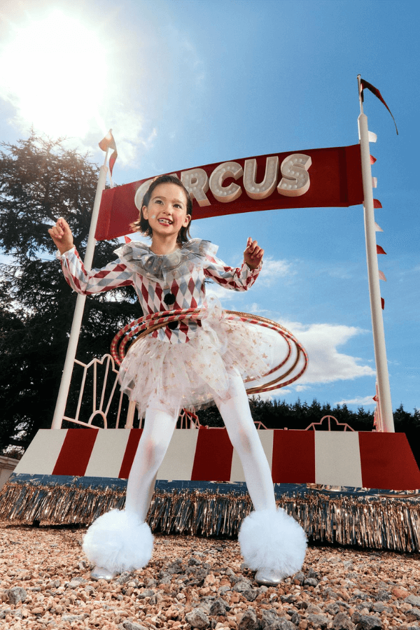Dziewczynka podskakuje i cieszy się. W tle napis Circus.